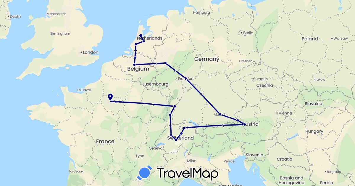 TravelMap itinerary: driving in Austria, Belgium, Switzerland, Germany, France, Netherlands (Europe)