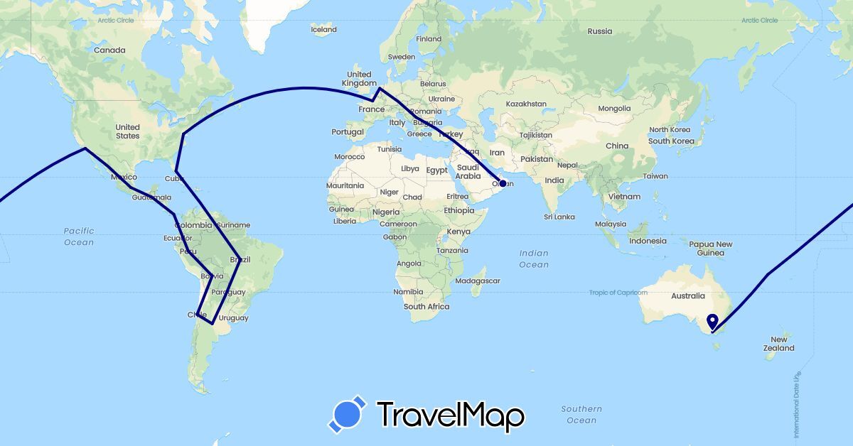 TravelMap itinerary: driving in Argentina, Australia, Bolivia, Brazil, Chile, France, Guatemala, Mexico, Netherlands, Oman, Panama, Peru, Qatar, Serbia, United States, Vanuatu (Asia, Europe, North America, Oceania, South America)
